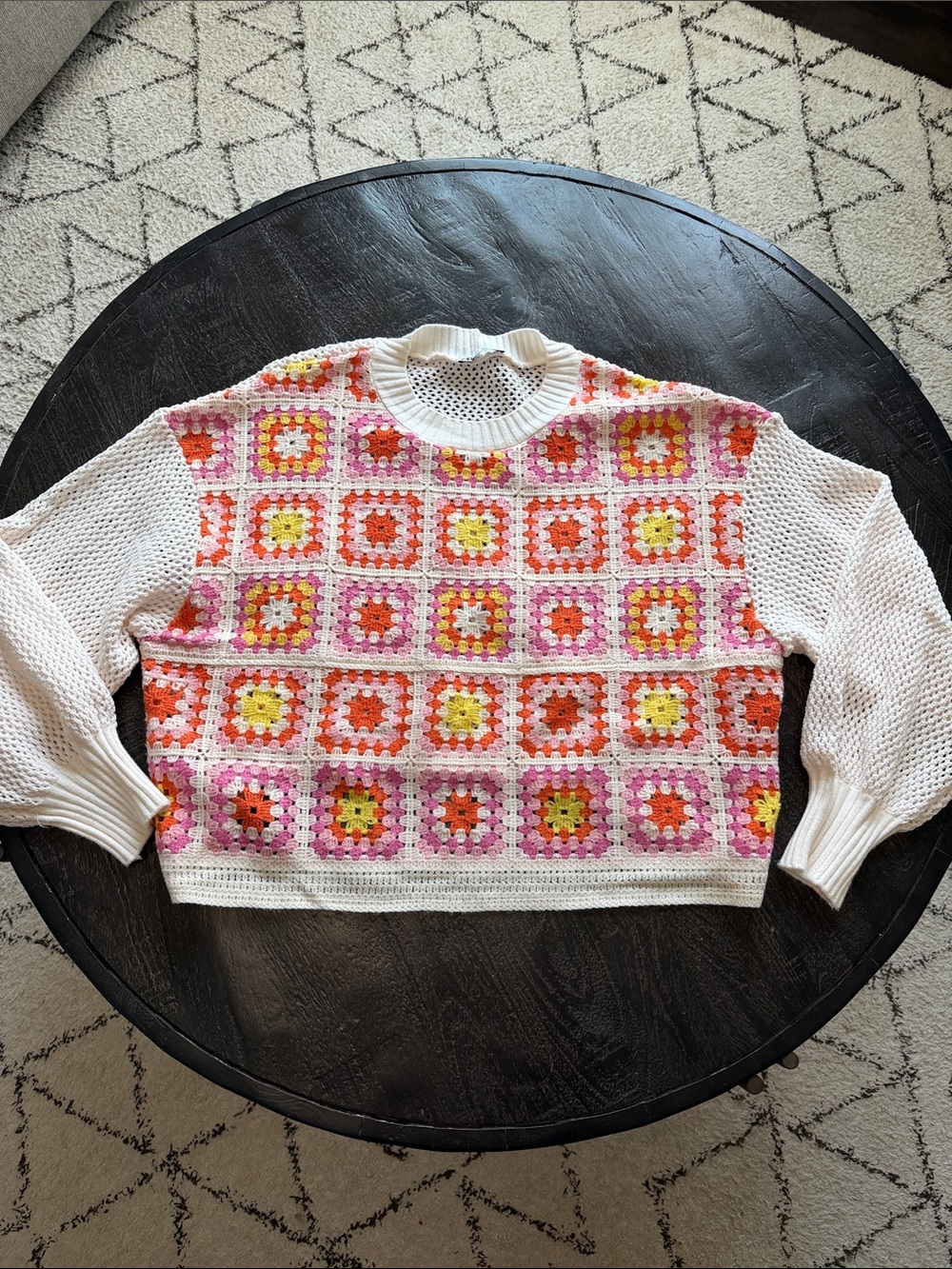 Zara White Knit Sweater with Pink, Orange & Yellow Crochet Squares